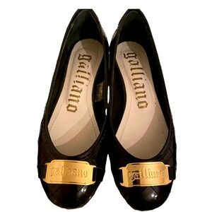 John Galliano Black Gold Leather Flat Shoes Size 37